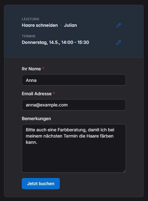 Online terminbuchung buchungsseite kundeninformationen eingeben