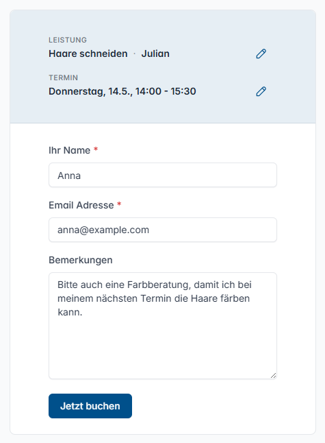 Online terminbuchung buchungsseite kundeninformationen eingeben