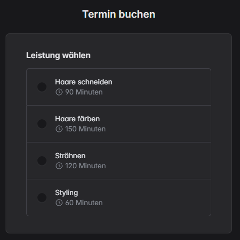 Online terminbuchung buchungsseite schritt 1 leistung waehlen