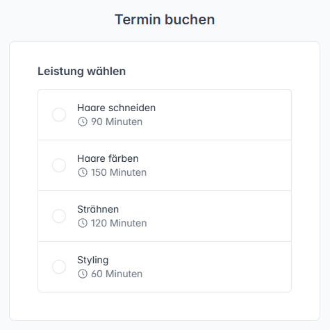 Online terminbuchung buchungsseite schritt 1 leistung waehlen