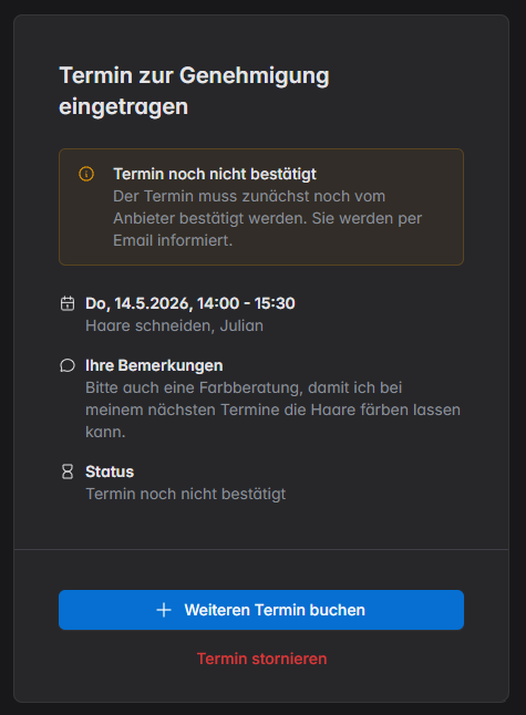 Online terminbuchung buchungsseite schritt buchung abgeschlossen zur genehmigung
