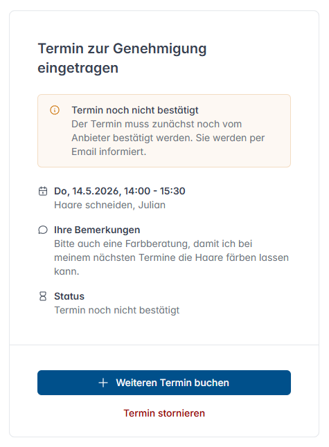 Online terminbuchung buchungsseite schritt buchung abgeschlossen zur genehmigung